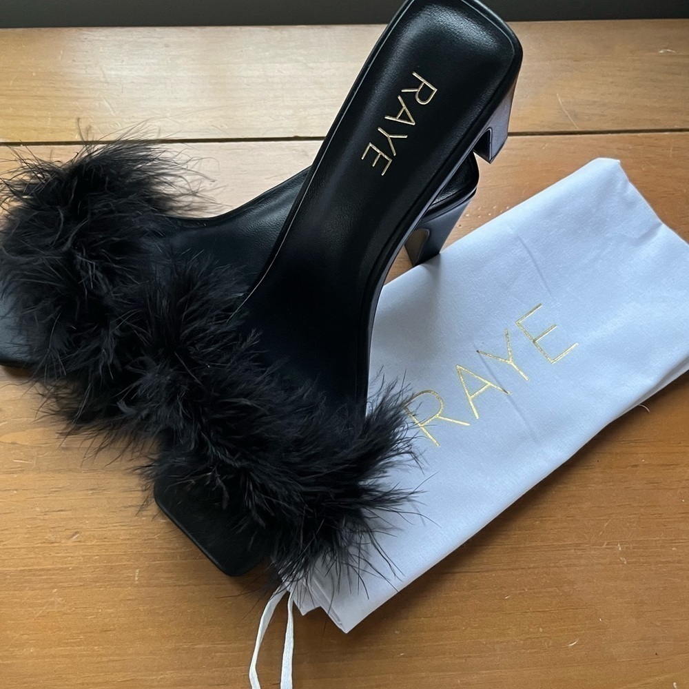 RAYE Revolve Women’s Dita Heel Black Leather Turkey Feather Upper Toe Slip On 10 - Picture 9 of 14